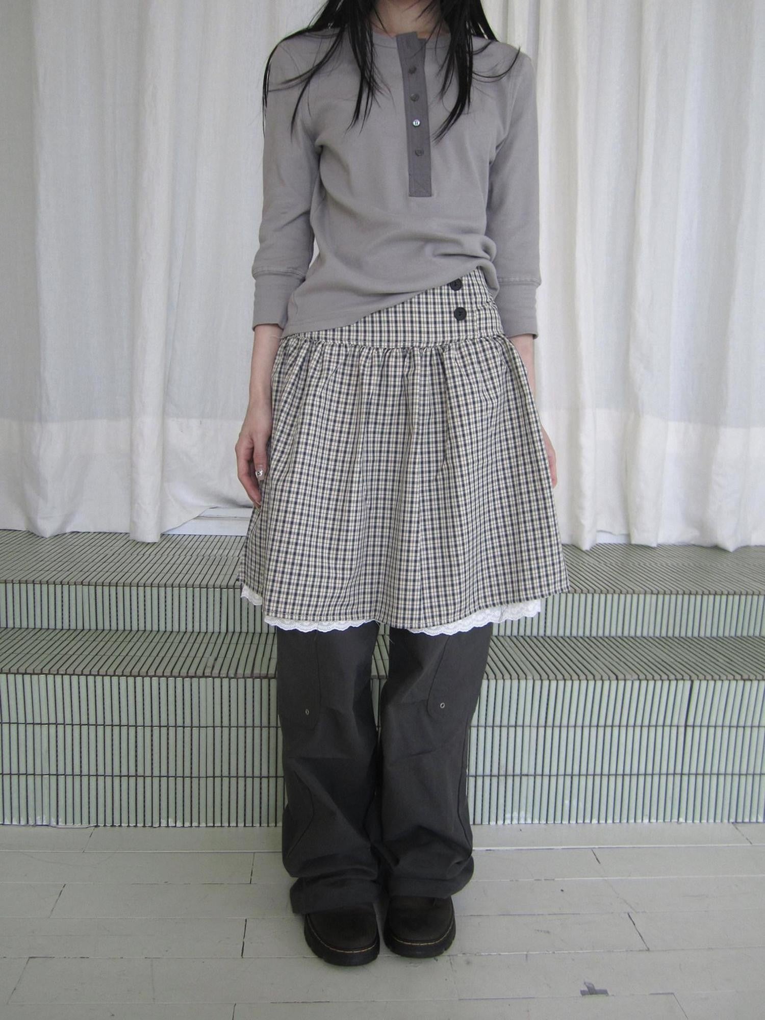 ang project Retro Grey Plaid Lace Splice High Waist Women&