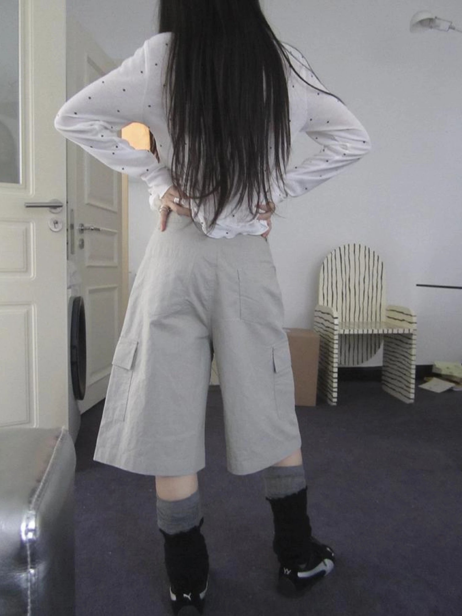 Retro High Waisted Cargo Capri Pants With Oversized Pockets