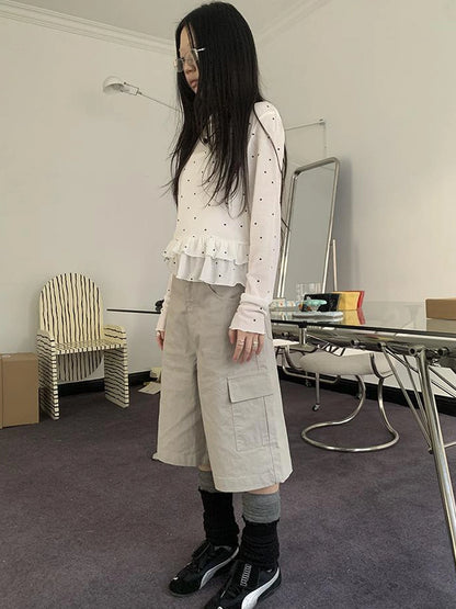 Retro High Waisted Cargo Capri Pants With Oversized Pockets