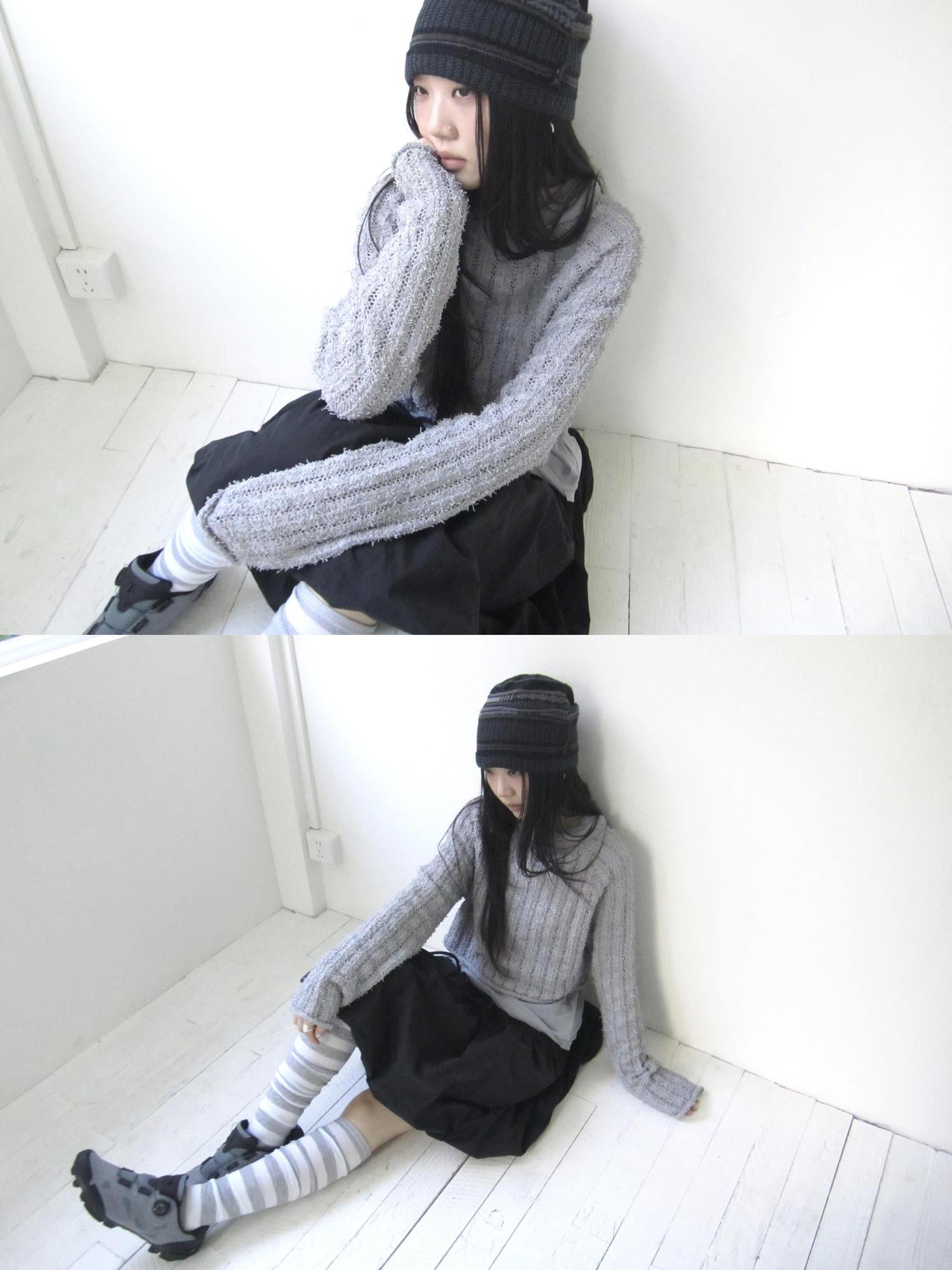 Updateang project Retro Hollowed Striped Knit Sweater V-Neck T-Shirt Long-Sleeve