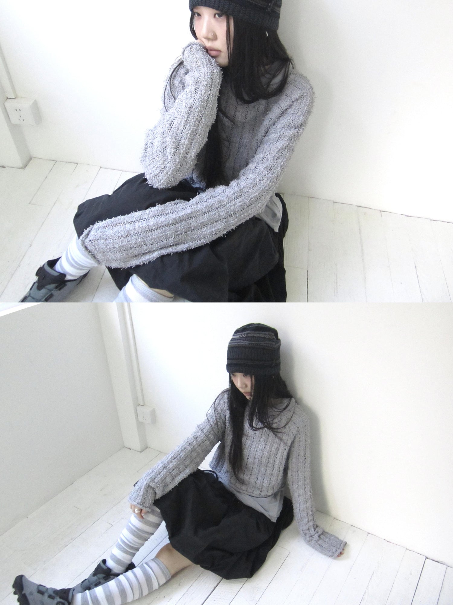 Updateang project Retro Hollowed Striped Knit Sweater V-Neck T-Shirt Long-Sleeve