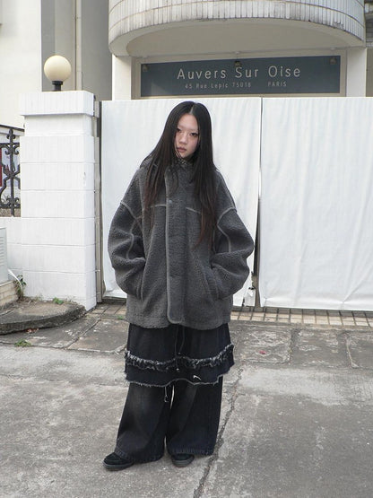 ang project Retro Hooded Button Fleece Lined Oversized Women&