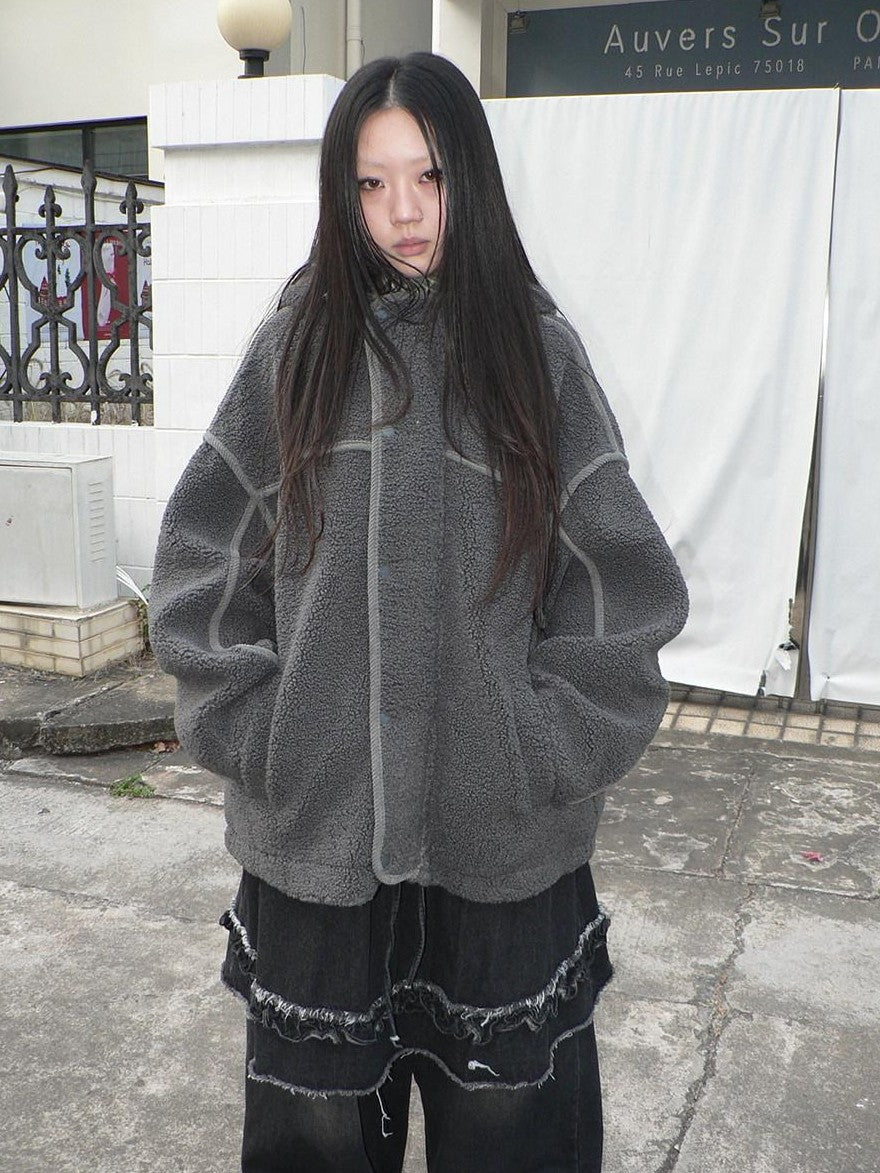 ang project Retro Hooded Button Fleece Lined Oversized Women&