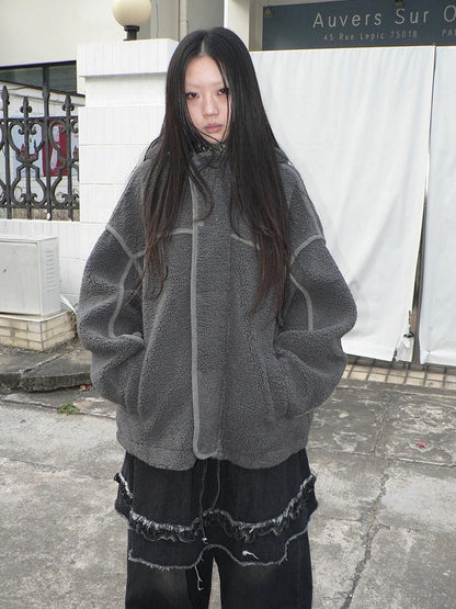ang project Retro Hooded Button Fleece Lined Oversized Women&