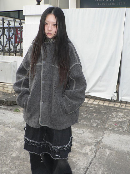 ang project Retro Hooded Button Fleece Lined Oversized Women&