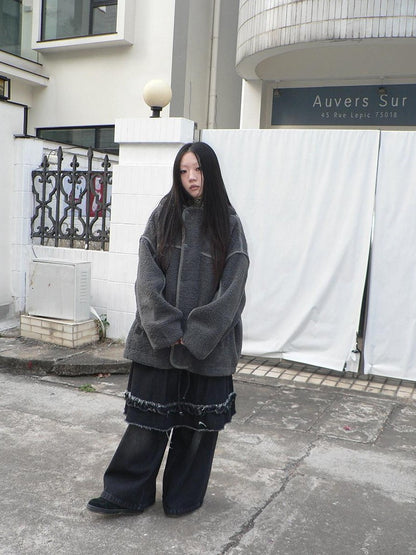 ang project Retro Hooded Button Fleece Lined Oversized Women&