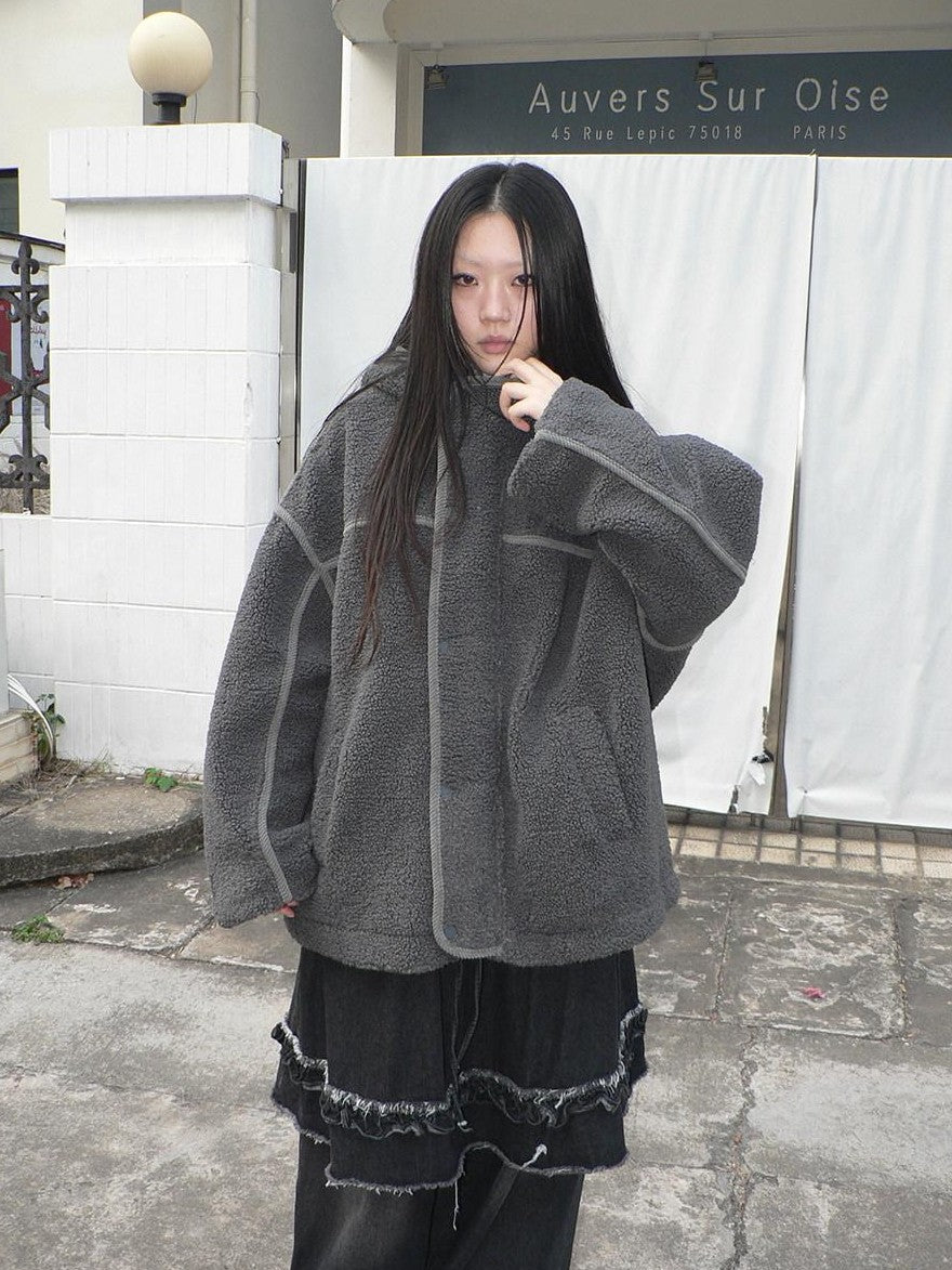 ang project Retro Hooded Button Fleece Lined Oversized Women&