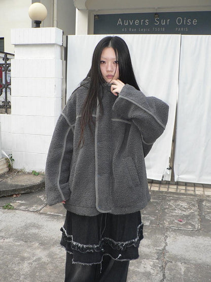 ang project Retro Hooded Button Fleece Lined Oversized Women&
