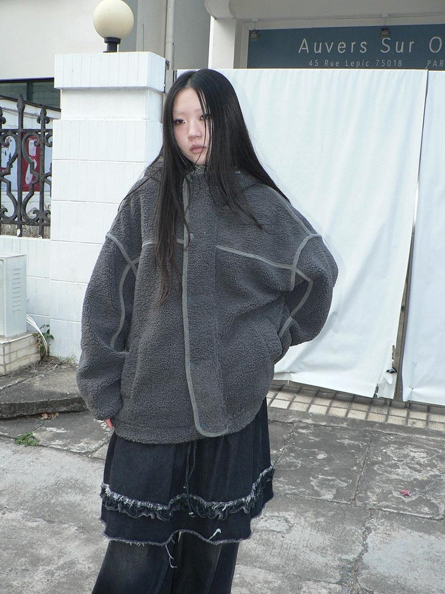 ang project Retro Hooded Button Fleece Lined Oversized Women&