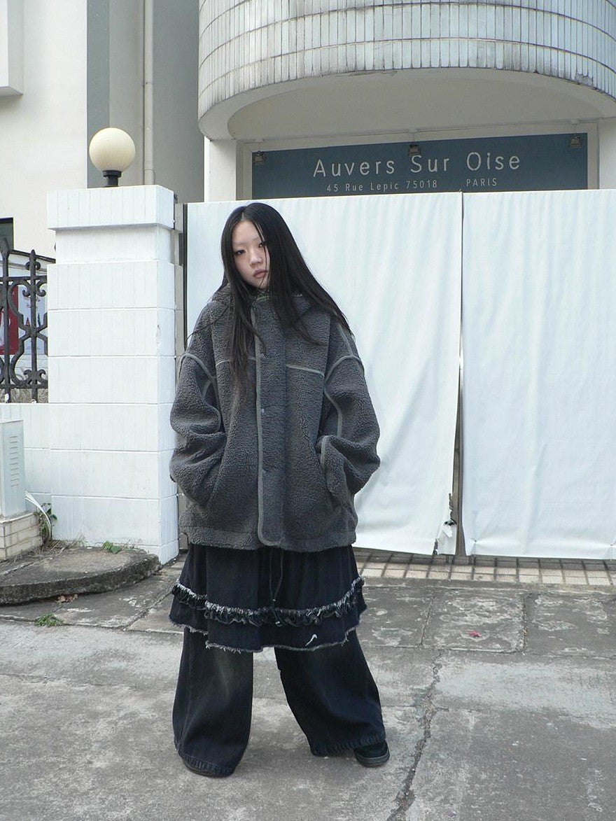 ang project Retro Hooded Button Fleece Lined Oversized Women&
