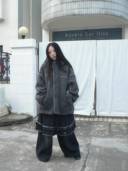 ang project Retro Hooded Button Fleece Lined Oversized Women&