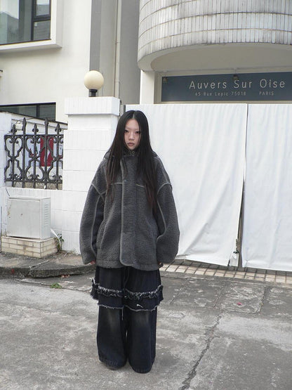ang project Retro Hooded Button Fleece Lined Oversized Women&