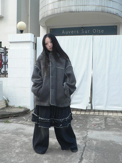 ang project Retro Hooded Button Fleece Lined Oversized Women&