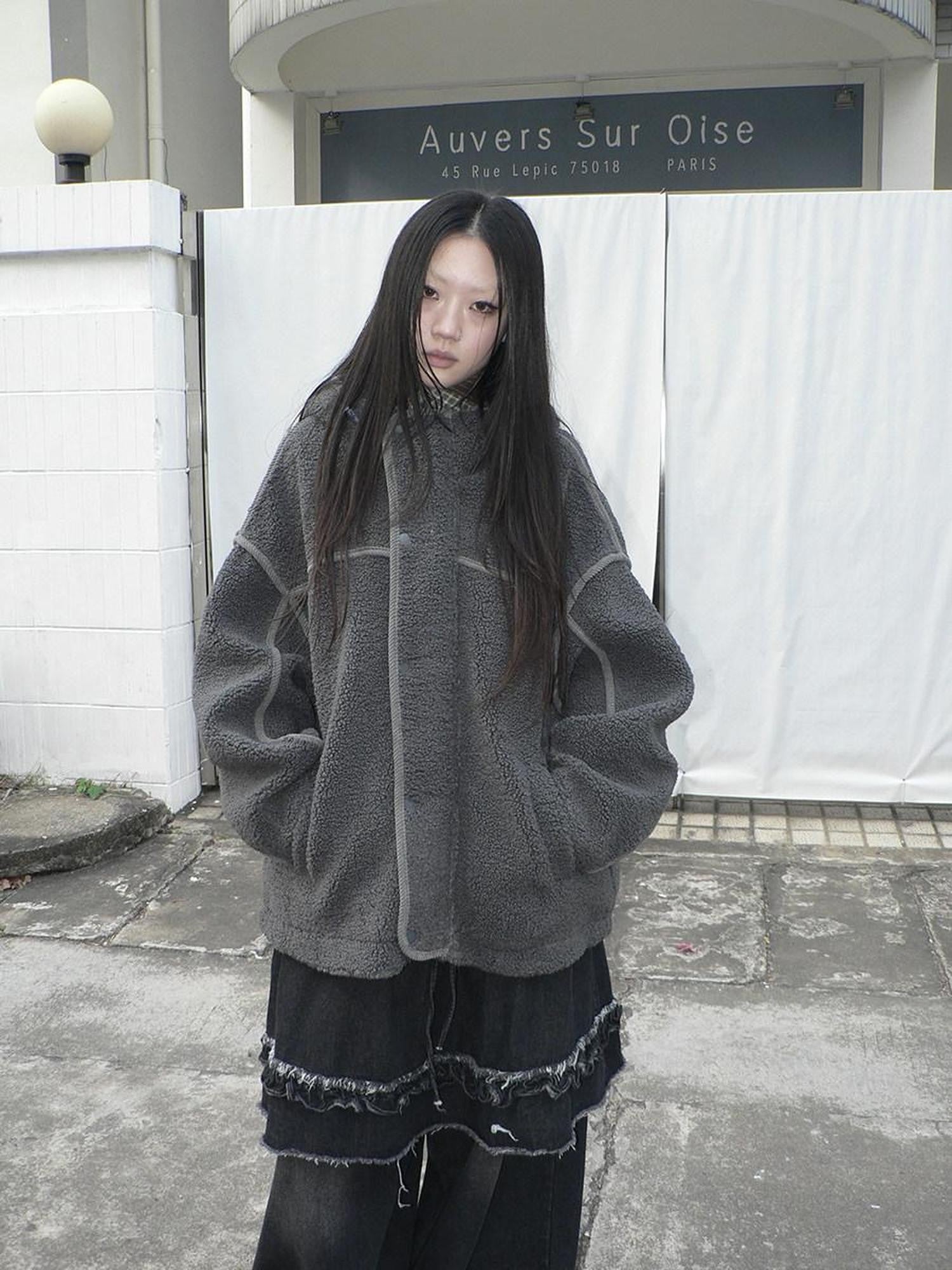 ang project Retro Hooded Button Fleece Lined Oversized Women&