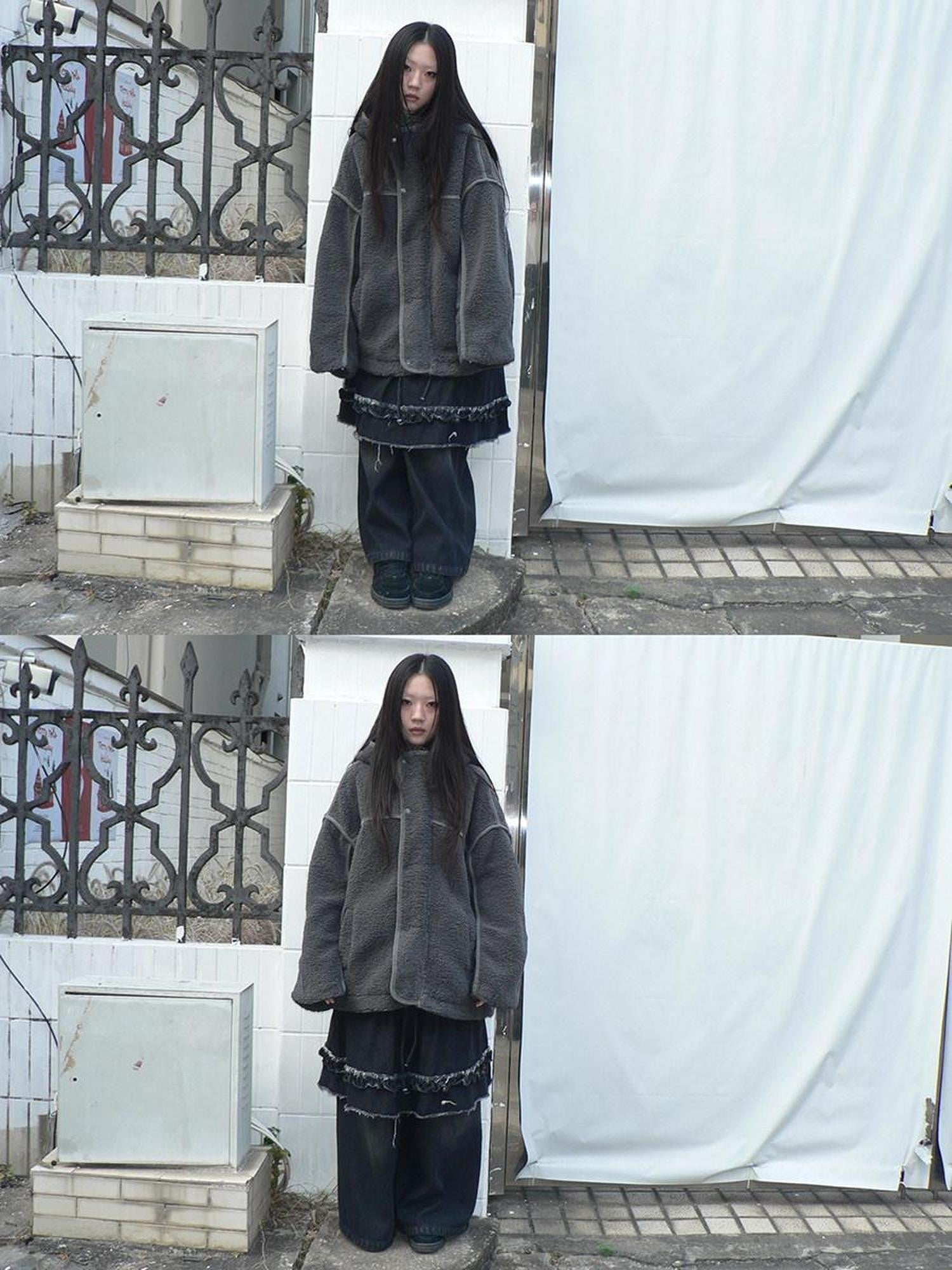 ang project Retro Hooded Button Fleece Lined Oversized Women&
