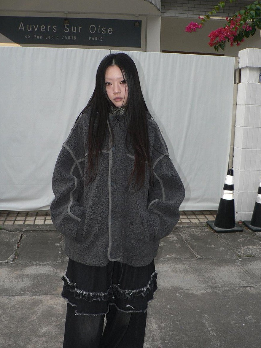 ang project Retro Hooded Button Fleece Lined Oversized Women&