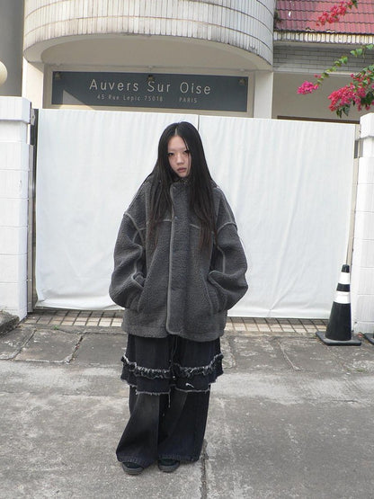 ang project Retro Hooded Button Fleece Lined Oversized Women&
