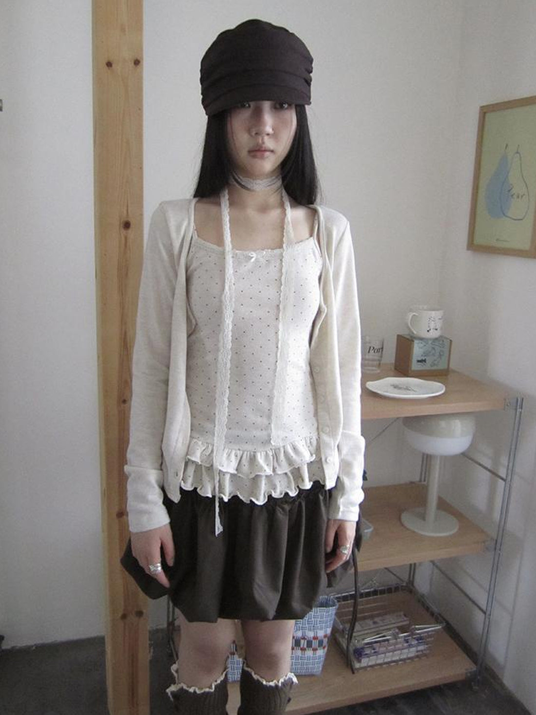 ang project Retro Knit Cardigan Set With Polka Dot Camisole And Scarf