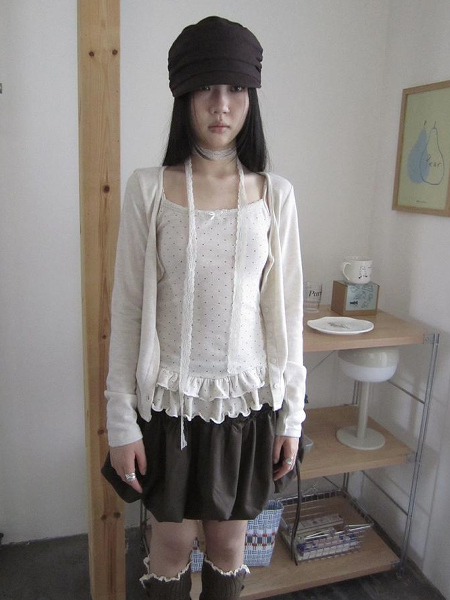 ang project Retro Knit Cardigan Set With Polka Dot Camisole And Scarf