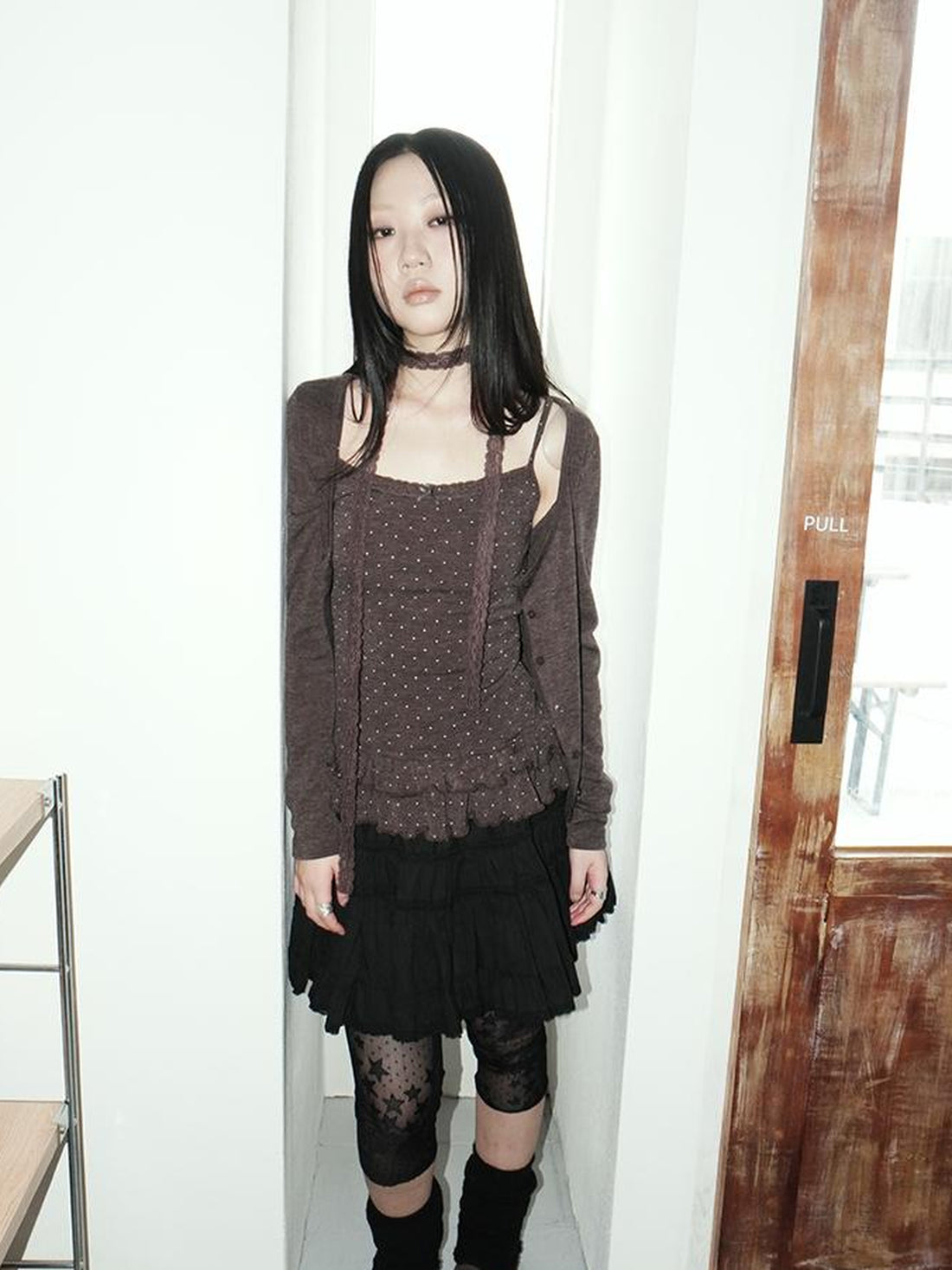 ang project Retro Knit Cardigan Set With Polka Dot Camisole And Scarf