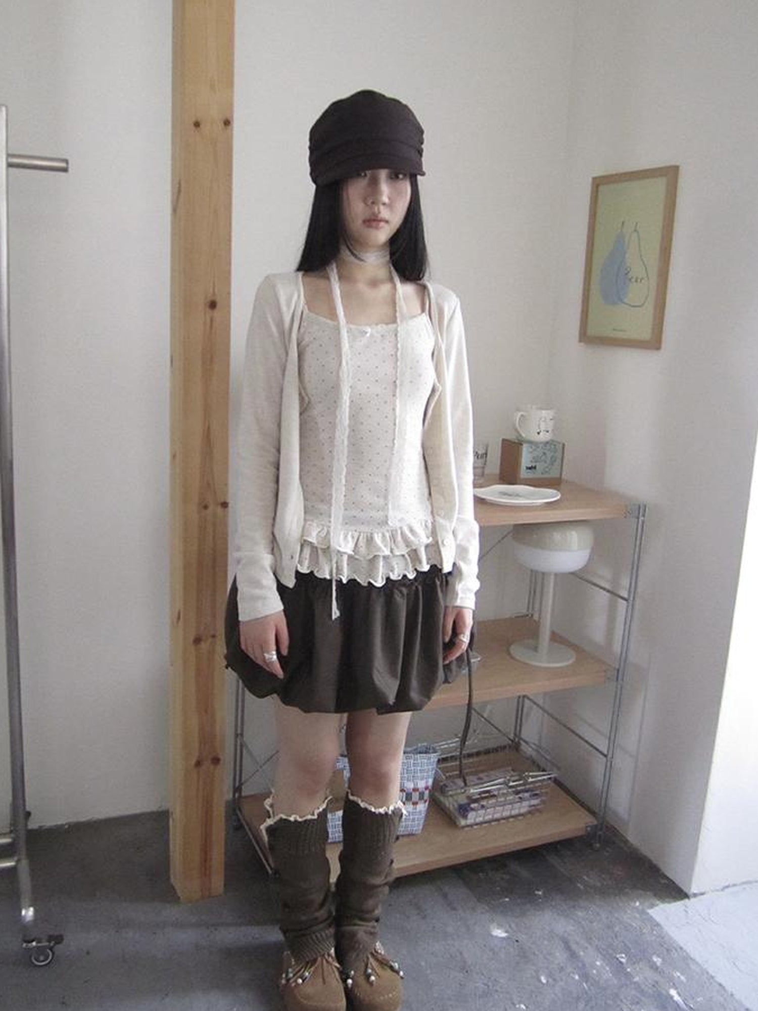 ang project Retro Knit Cardigan Set With Polka Dot Camisole And Scarf