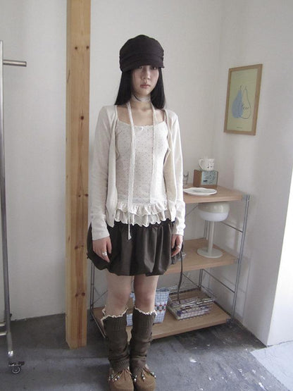 ang project Retro Knit Cardigan Set With Polka Dot Camisole And Scarf