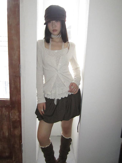 ang project Retro Knit Cardigan Set With Polka Dot Camisole And Scarf