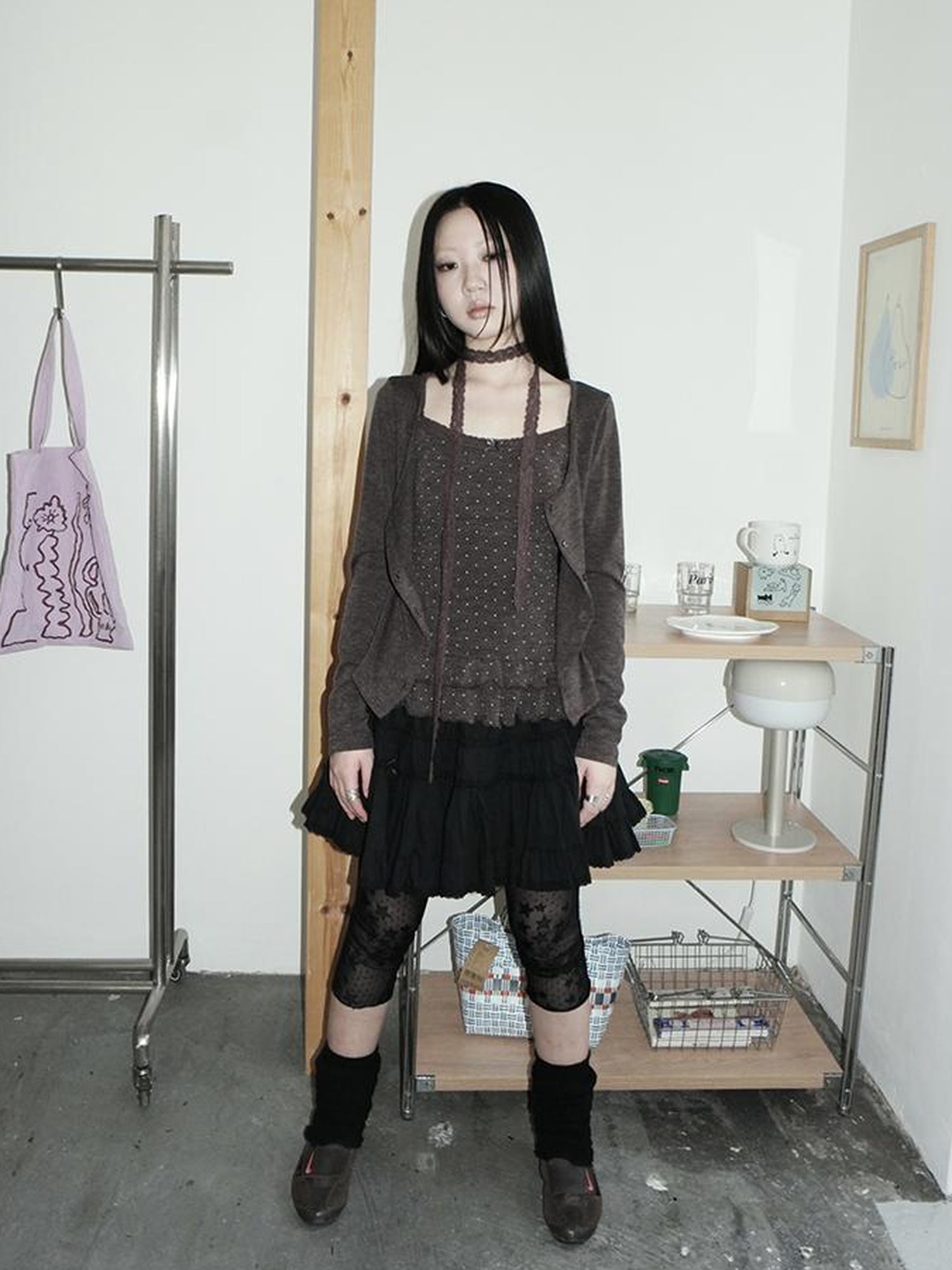 ang project Retro Knit Cardigan Set With Polka Dot Camisole And Scarf