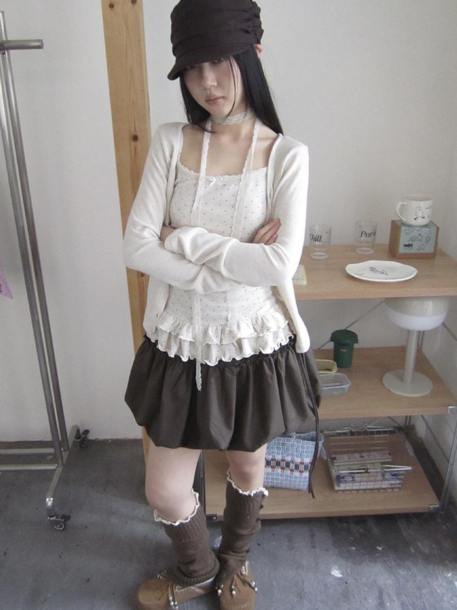 ang project Retro Knit Cardigan Set With Polka Dot Camisole And Scarf