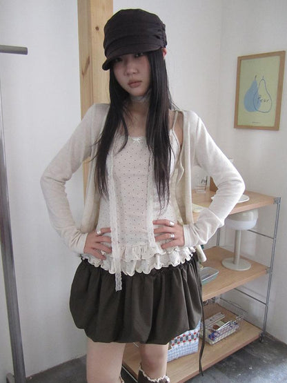 ang project Retro Knit Cardigan Set With Polka Dot Camisole And Scarf