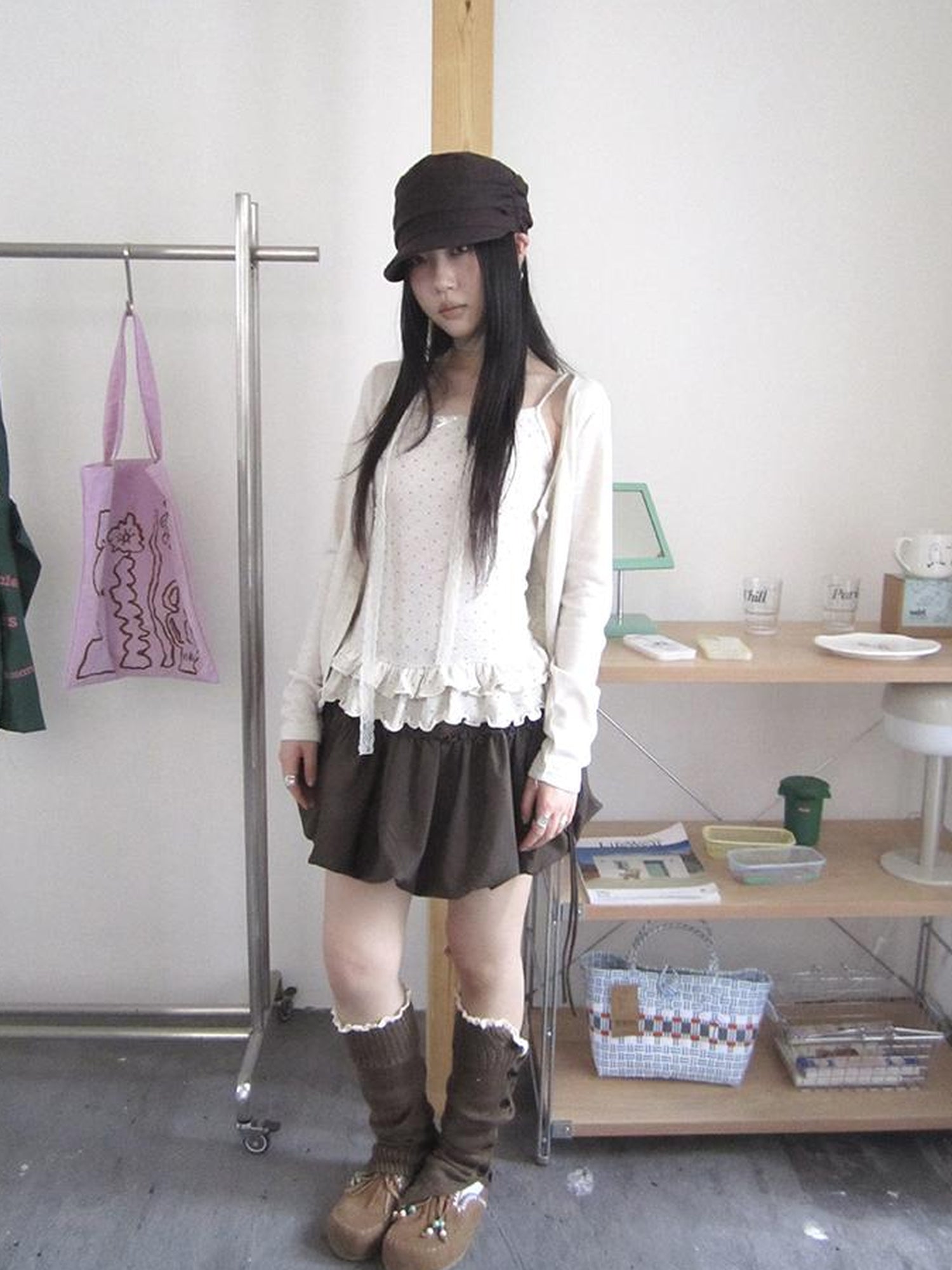 ang project Retro Knit Cardigan Set With Polka Dot Camisole And Scarf