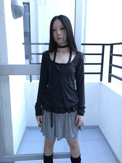 ang project Retro Knit Cardigan Set With Polka Dot Camisole And Scarf