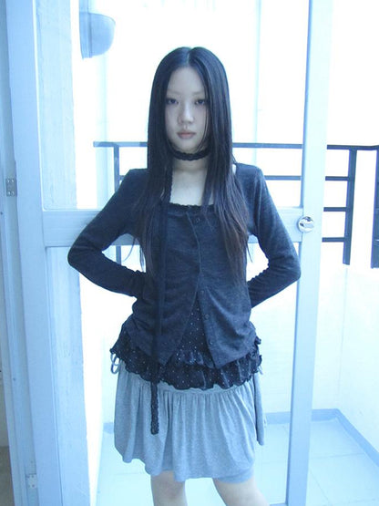 ang project Retro Knit Cardigan Set With Polka Dot Camisole And Scarf
