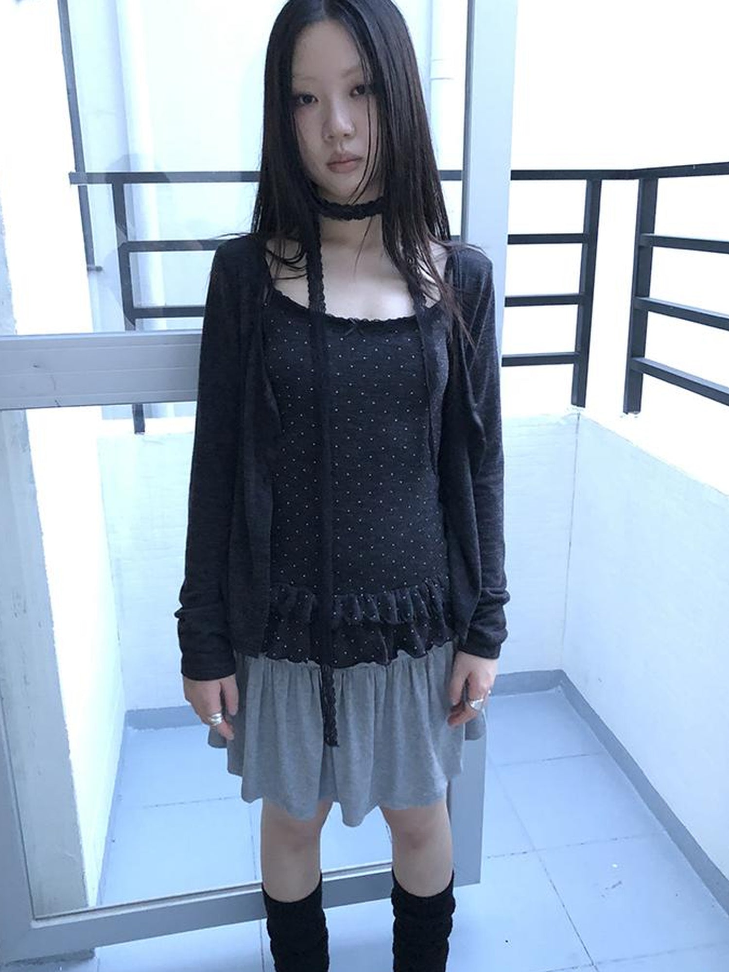 ang project Retro Knit Cardigan Set With Polka Dot Camisole And Scarf