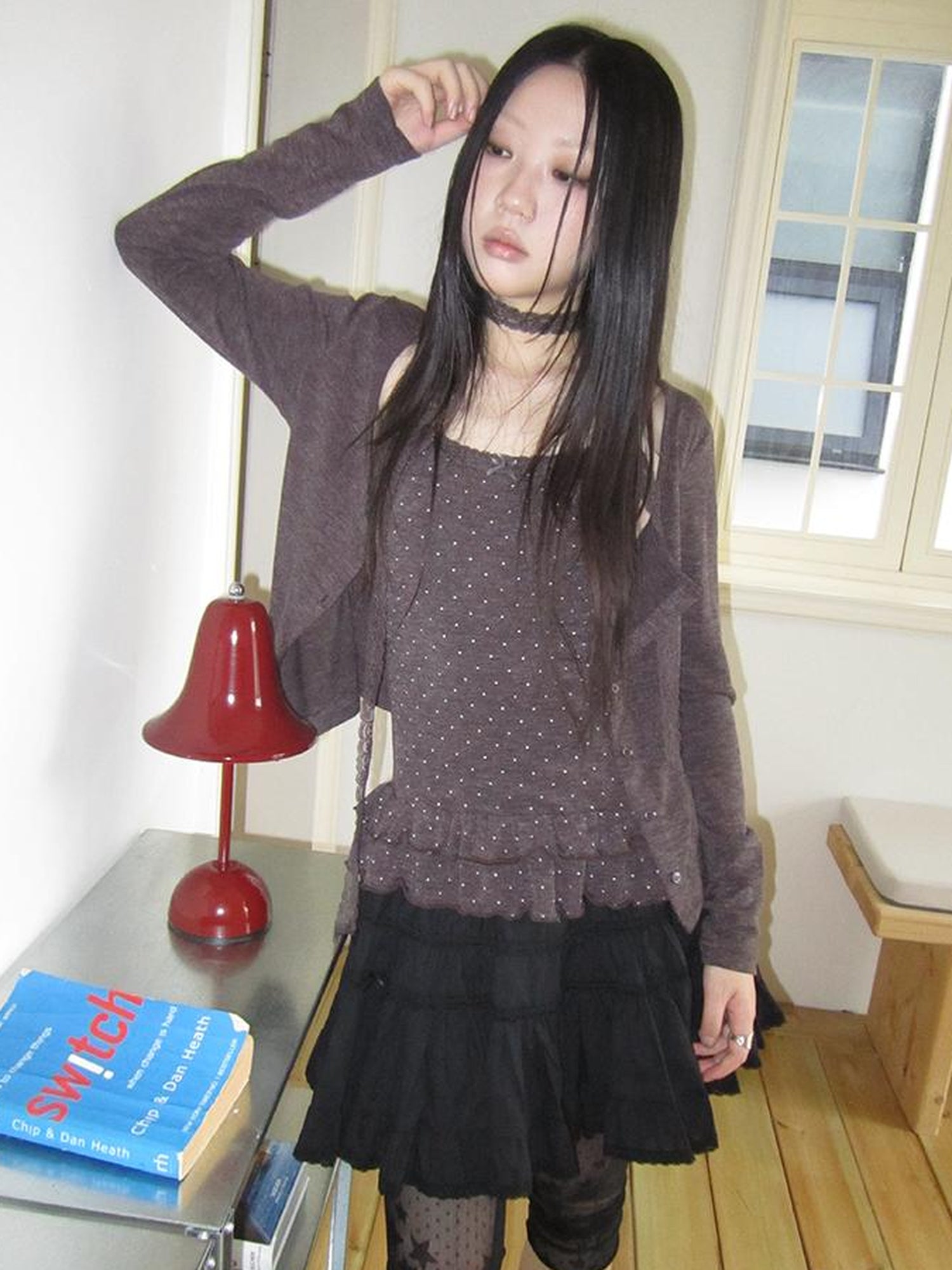 ang project Retro Knit Cardigan Set With Polka Dot Camisole And Scarf
