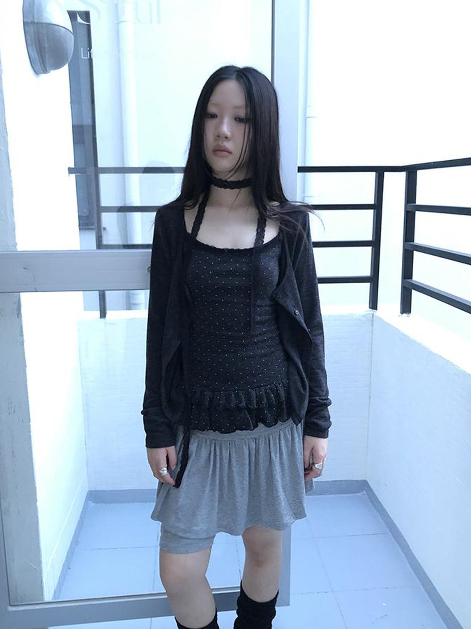 ang project Retro Knit Cardigan Set With Polka Dot Camisole And Scarf