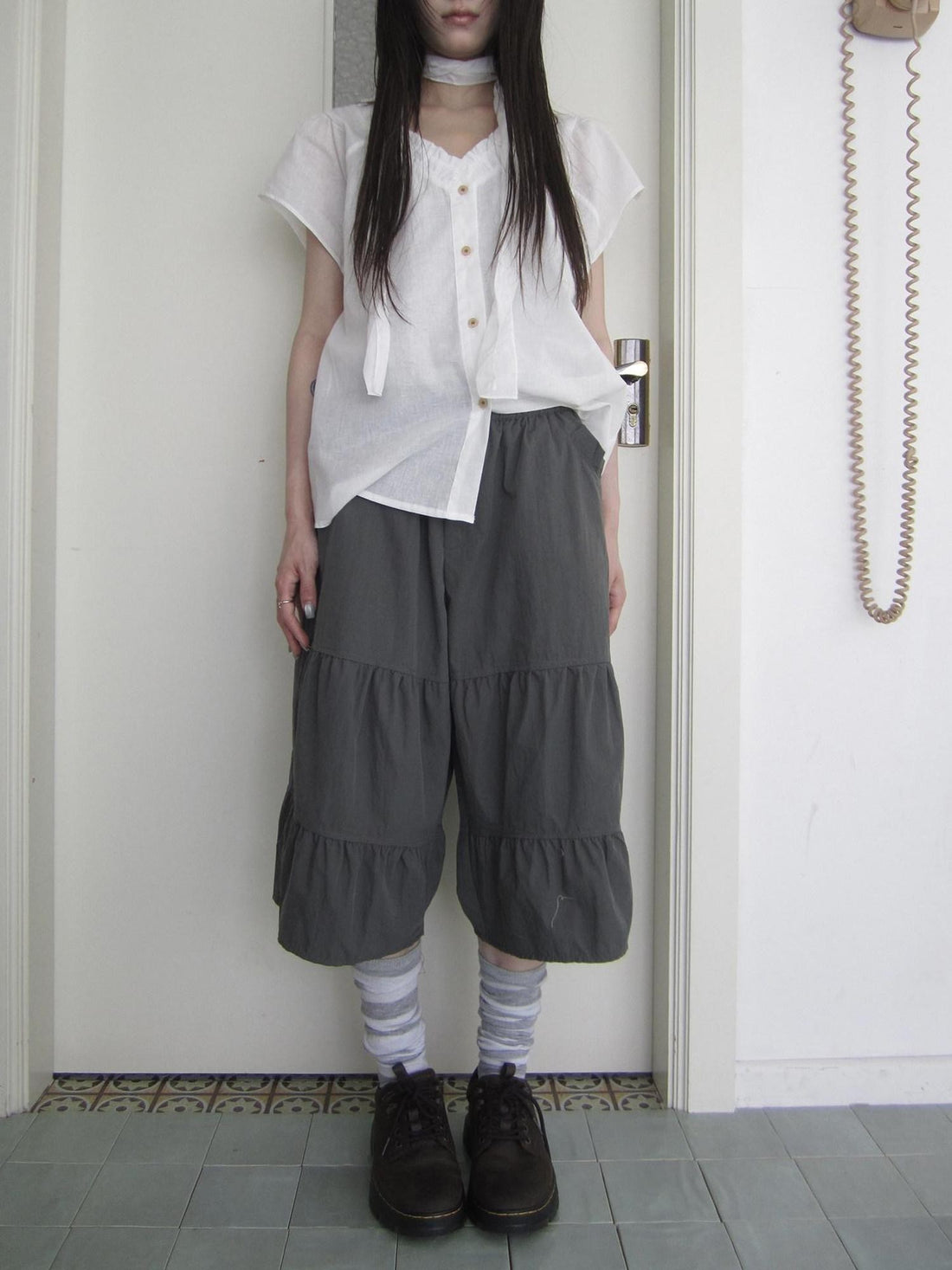 ang project Retro Korean Pleated Tulip Hem Elastic Waist Lantern Wide Leg Women&