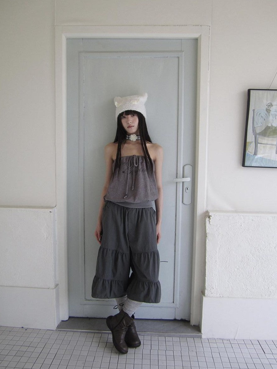 ang project Retro Korean Pleated Tulip Hem Elastic Waist Lantern Wide Leg Women&