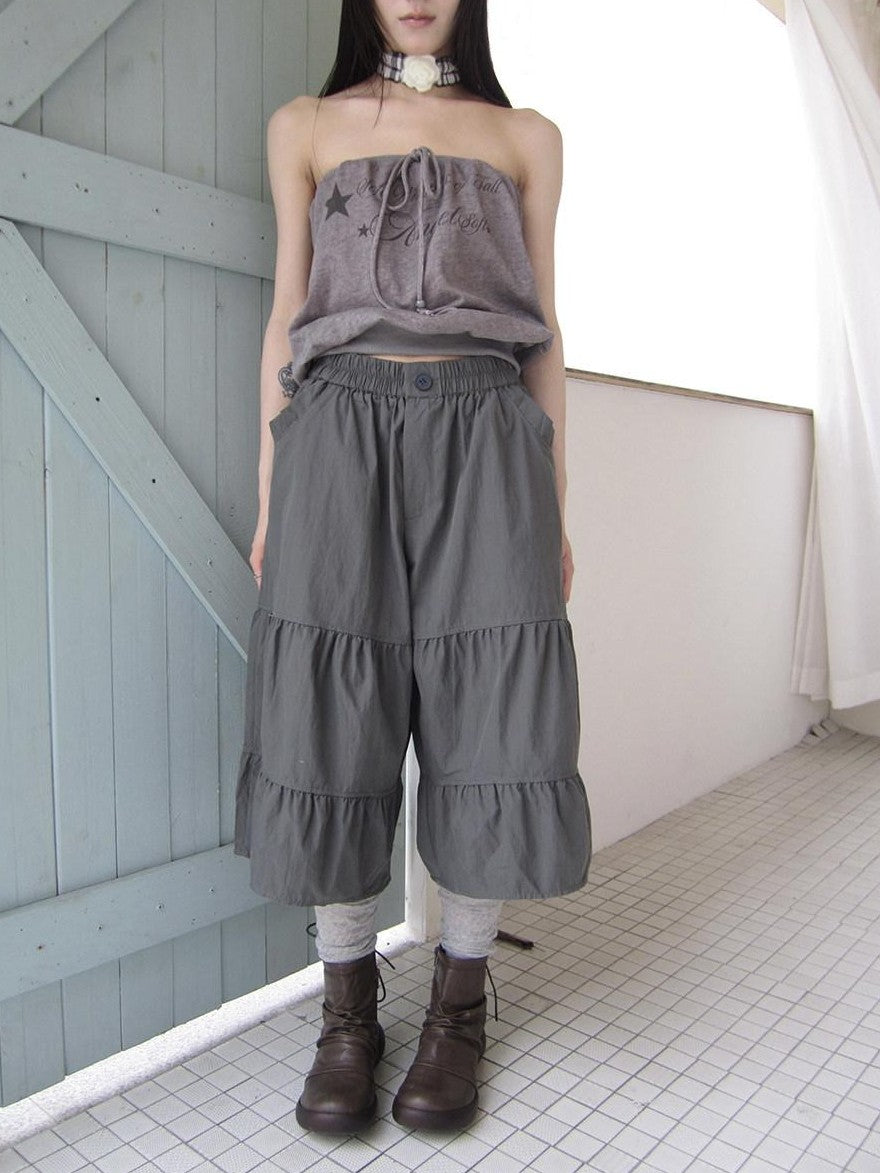 ang project Retro Korean Pleated Tulip Hem Elastic Waist Lantern Wide Leg Women&