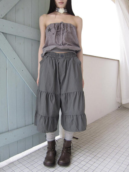 ang project Retro Korean Pleated Tulip Hem Elastic Waist Lantern Wide Leg Women&