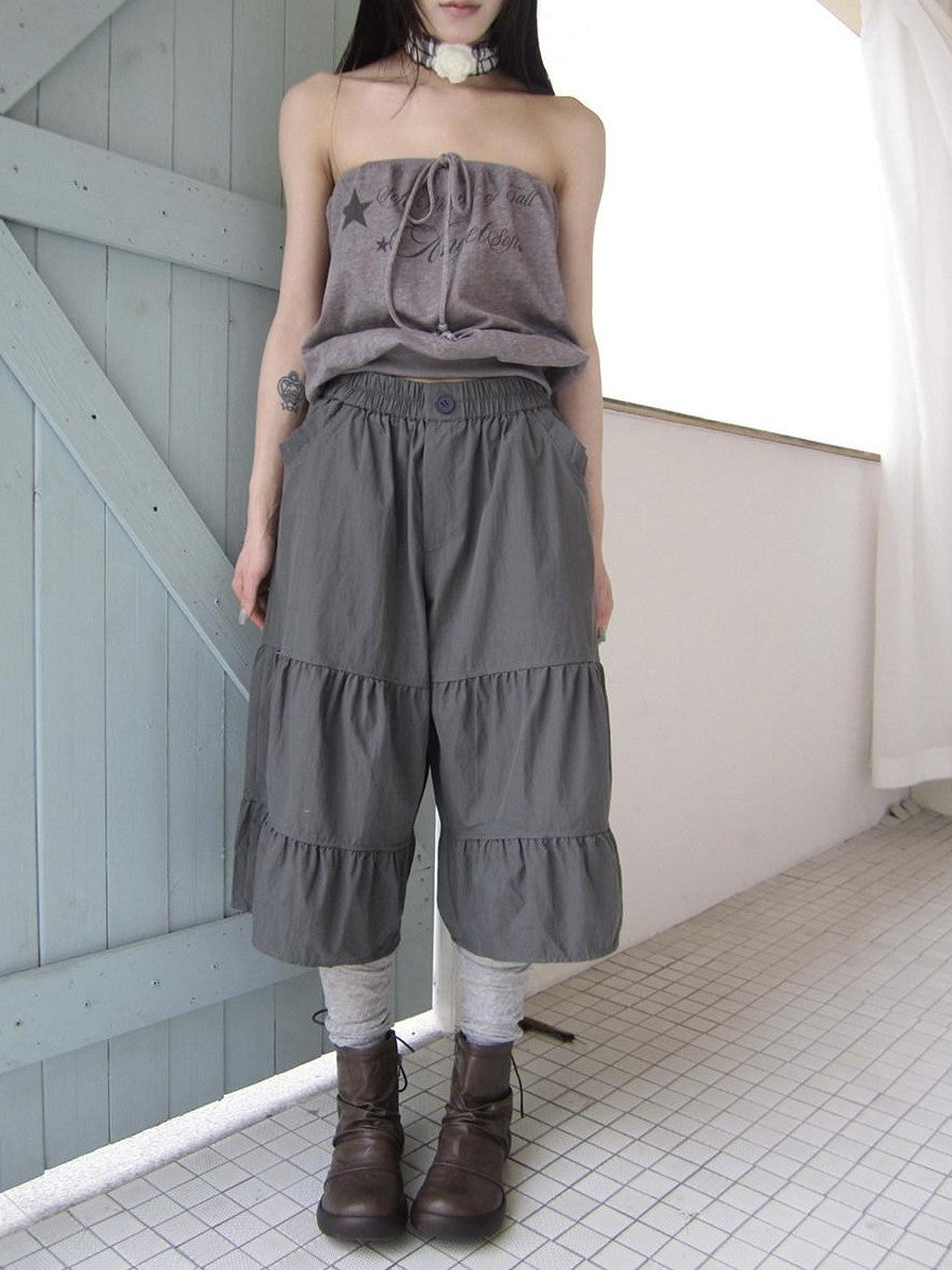 ang project Retro Korean Pleated Tulip Hem Elastic Waist Lantern Wide Leg Women&