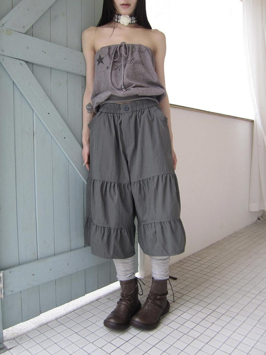 ang project Retro Korean Pleated Tulip Hem Elastic Waist Lantern Wide Leg Women&