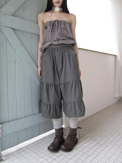 ang project Retro Korean Pleated Tulip Hem Elastic Waist Lantern Wide Leg Women&