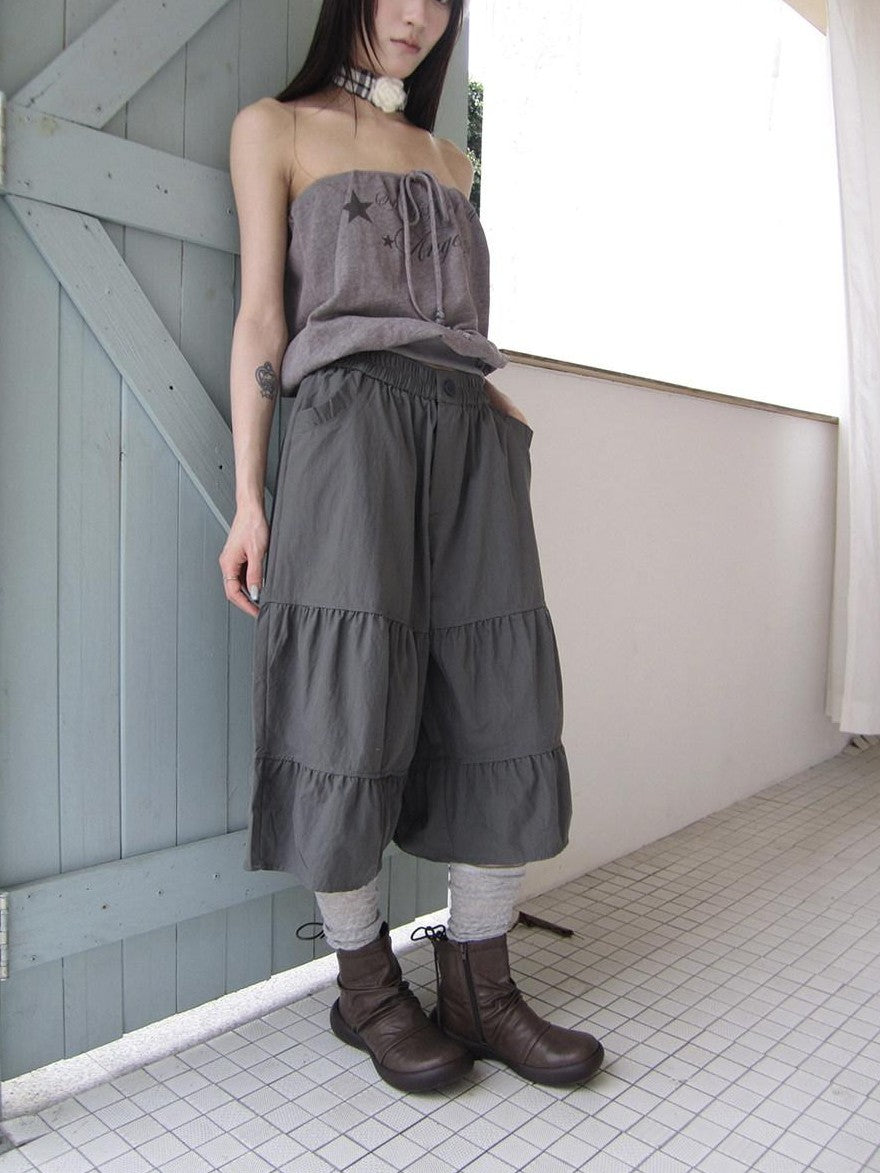 ang project Retro Korean Pleated Tulip Hem Elastic Waist Lantern Wide Leg Women&