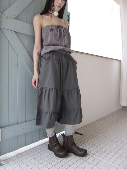 ang project Retro Korean Pleated Tulip Hem Elastic Waist Lantern Wide Leg Women&