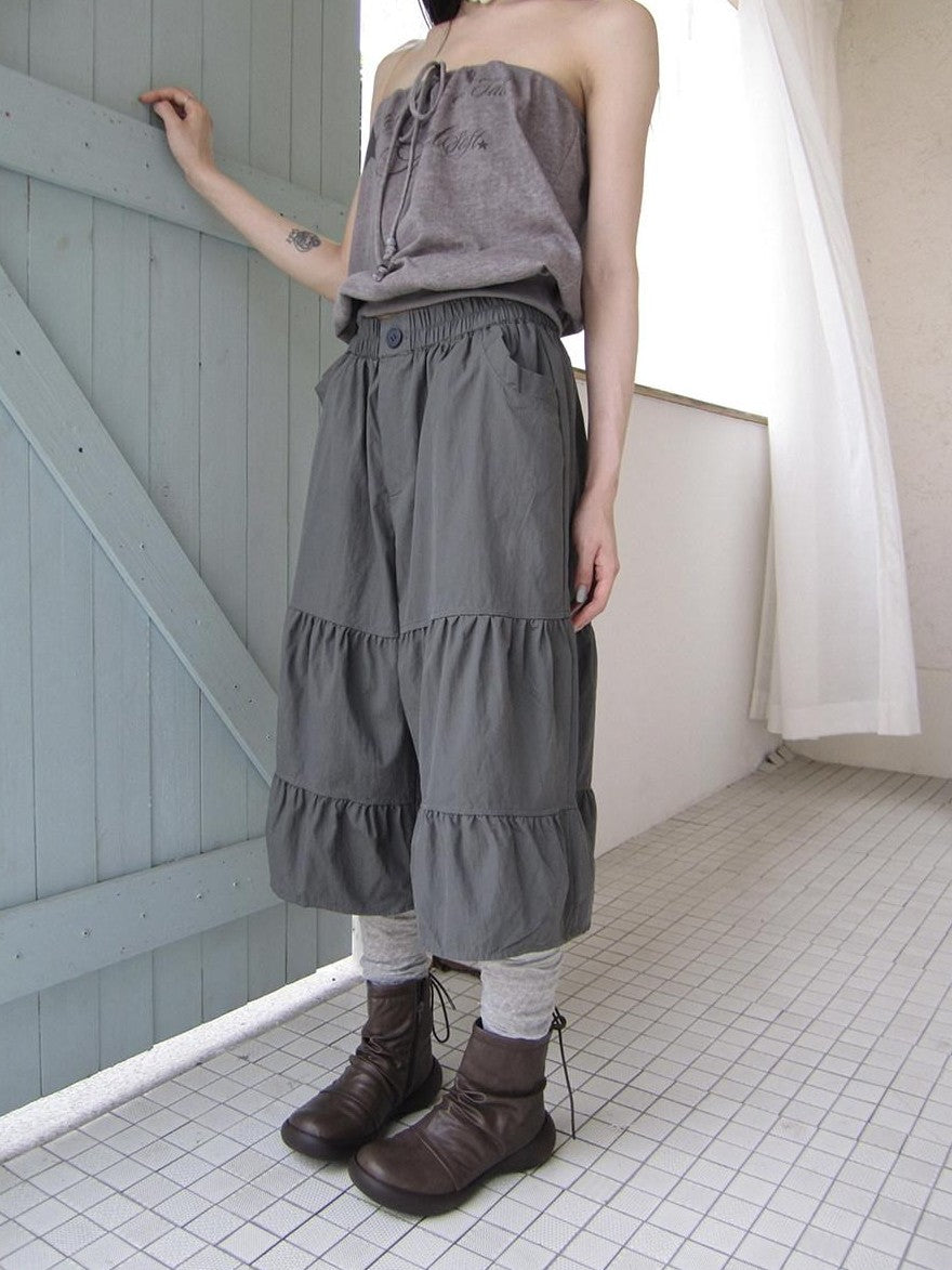 ang project Retro Korean Pleated Tulip Hem Elastic Waist Lantern Wide Leg Women&