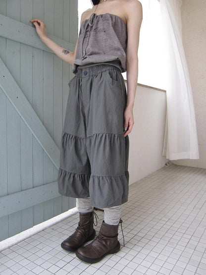 ang project Retro Korean Pleated Tulip Hem Elastic Waist Lantern Wide Leg Women&