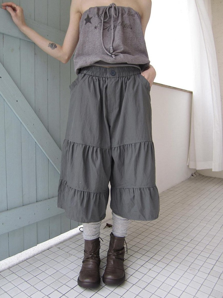 ang project Retro Korean Pleated Tulip Hem Elastic Waist Lantern Wide Leg Women&