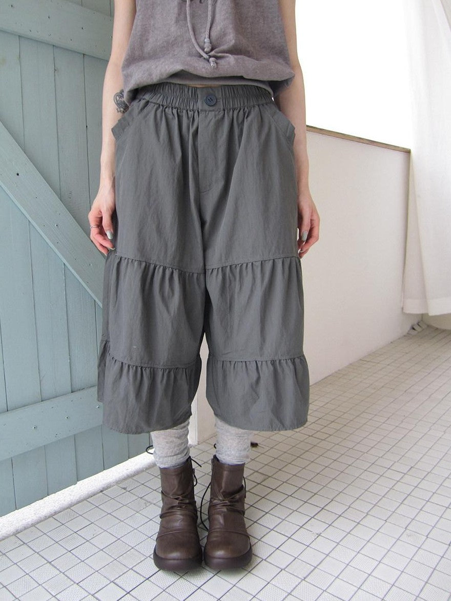 ang project Retro Korean Pleated Tulip Hem Elastic Waist Lantern Wide Leg Women&