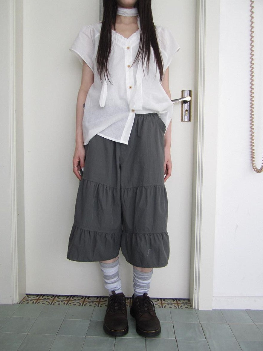 ang project Retro Korean Pleated Tulip Hem Elastic Waist Lantern Wide Leg Women&